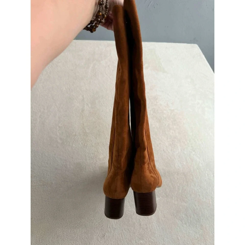 Vtg J. Crew Womens 7.5 Brown Boots Knee High Block Heel Faux Suede BT279